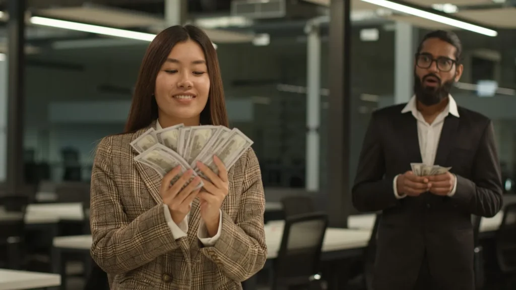A woman in the foreground holding more money, with a man in the background holding less money.