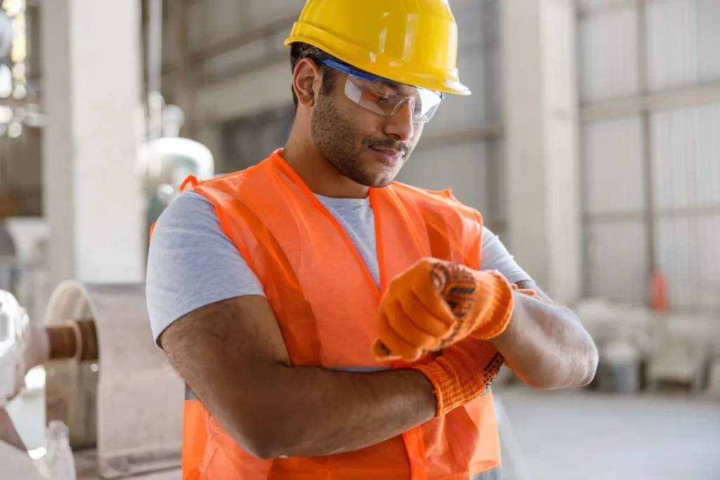 A stressed worker in a warehouse or office glancing at the clock during their supposed break time.
