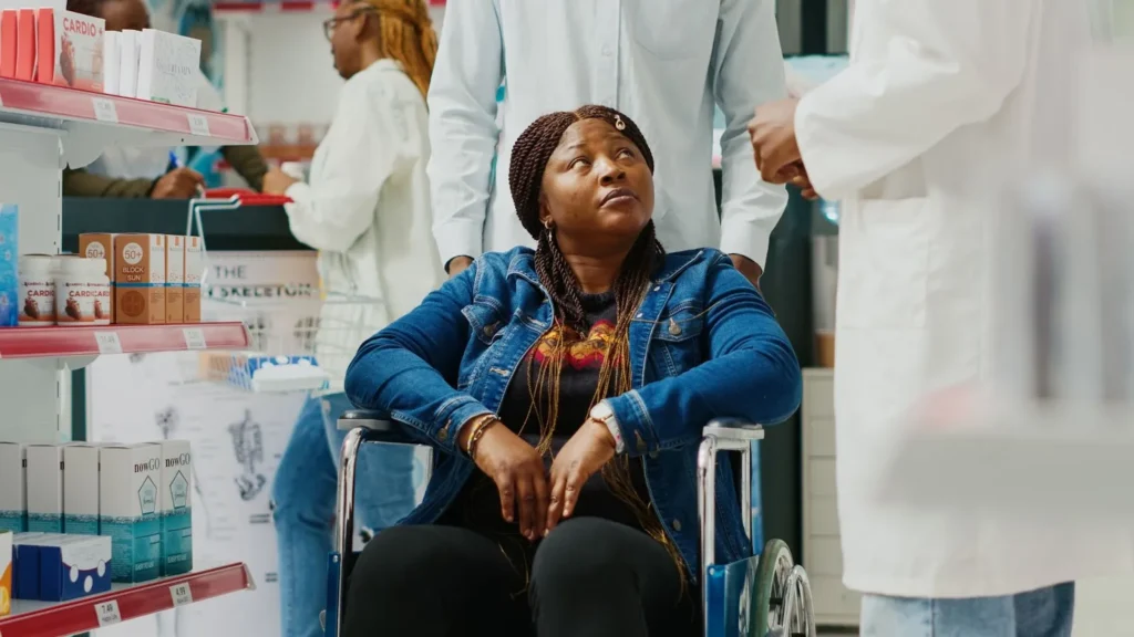 A woman in a wheelchair